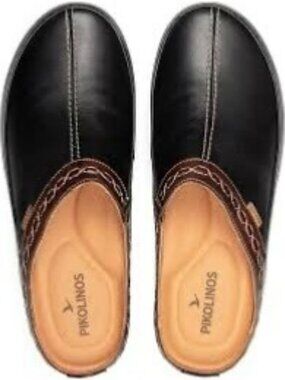 Pikolinos Black Leather Slip-On Clogs With Brown Accent Stitching & Cork Sole Wo